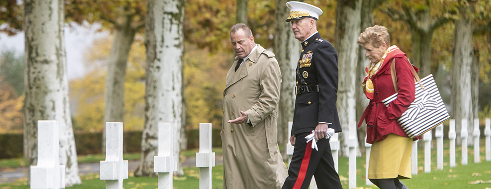 Marine Corps Gen. Joe Dunford, chairman of the Joint Chiefs of Staff, and his wife Ellyn Dunford tour the Aisne - Marne American Cemetery near the Belleau Wood battleground, in Belleau, France on Nov. 10, 2018. (DoD Photo by Navy Petty Officer 1st Class Dominique A. Pineiro)